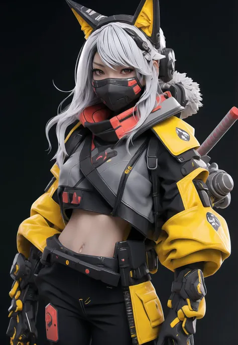 nijilorawolf a nijigirl with wolf - ears <lora:nijilorawolf-000002:0.75>
wearing scifi cyberpunk armor, gray hair, big warm smile, (red mask), samurai, katana, a huge diamond necklace, dancing, big beautiful cobalt ODD eyes, very detailed