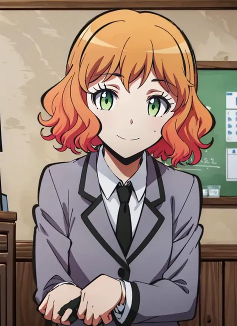 anime girl in a school uniform standing in front of a desk