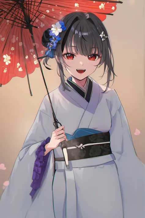 anime girl in kimono outfit holding an umbrella with cherry blossoms