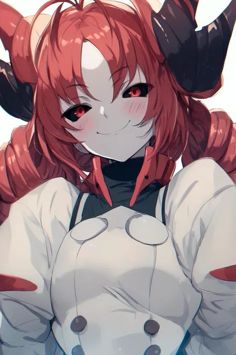 anime girl with red hair and horns in white shirt