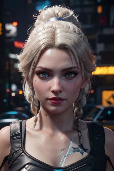 3d render, cgi, 1girl, Elsa Frozen, cyberpunk  2077 gameplay, cinematic lighting, 4k, hyperrealistic, focused, extreme details, unreal engine 5 render, cinematic, masterpiece