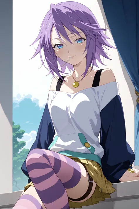 anime girl with purple hair sitting on window ledge looking out