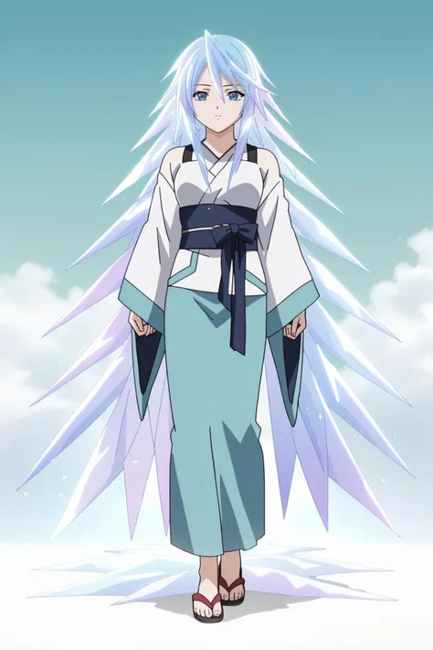 anime girl in a kimono outfit standing in the snow