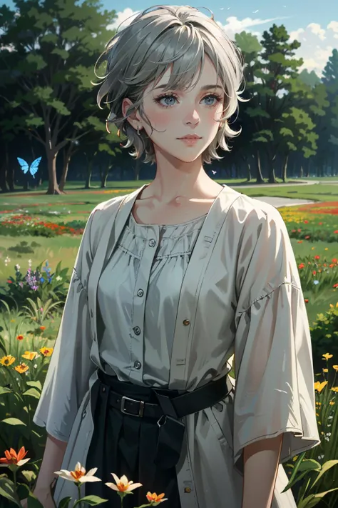 ((ultra detailed, masterpiece, absurdres))
 <lora:TWDCarol:0.8>
TWDCarol, short hair, grey hair, Bohemian Meadow with Wildflowers and Butterflies