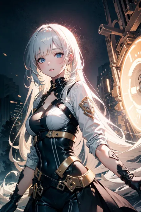 anime girl with long white hair and black outfit standing in front of a clock