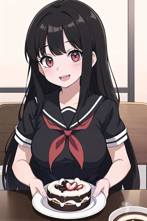 anime girl with black hair and red eyes holding a plate with a cake