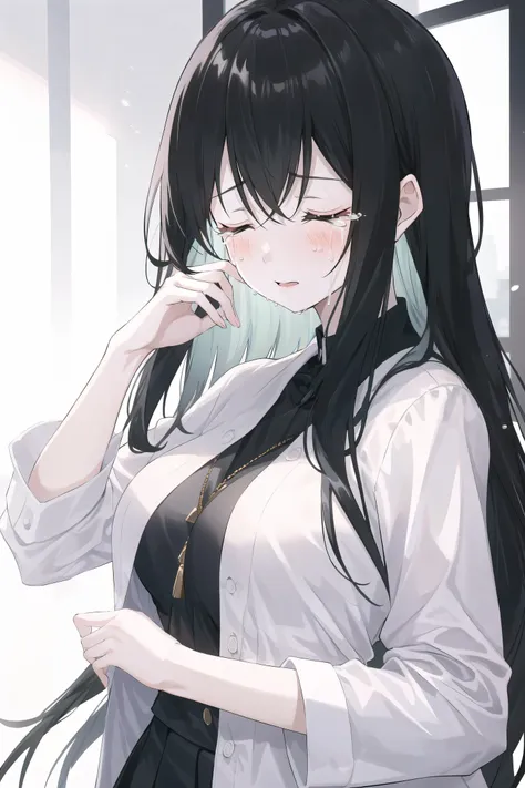 anime girl with long black hair and white shirt