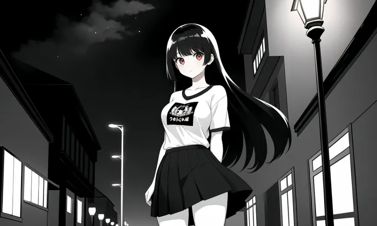 anime girl in a skirt and t - shirt standing on a street