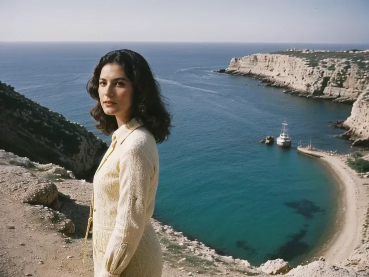 arafed woman standing on a cliff overlooking a body of water