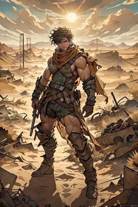 masterpiece, best quality, illustration of jjperson <lora:josh_joyce-11:0.8> (heroic stance) <lora:Clothing - DesertPunk Armor:0.65> des3rt4rmor, standing heroically in a desolate post-apocalyptic desert landscape, powerful and resilience, relentless sun, ...