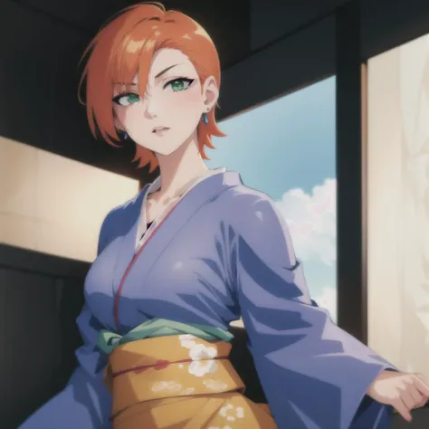 <lora:GwenV1:0.8>,Gwen, 1girl, solo,green eyes, short hair, orange hair, earrings,(kimono)