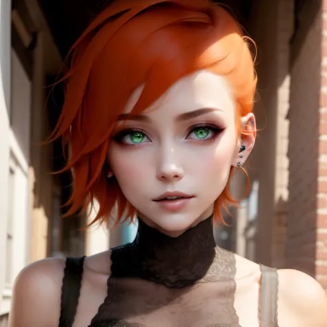 <lora:GwenV1:0.8>,Gwen, 1girl, solo,green eyes, short hair, orange hair, earrings,