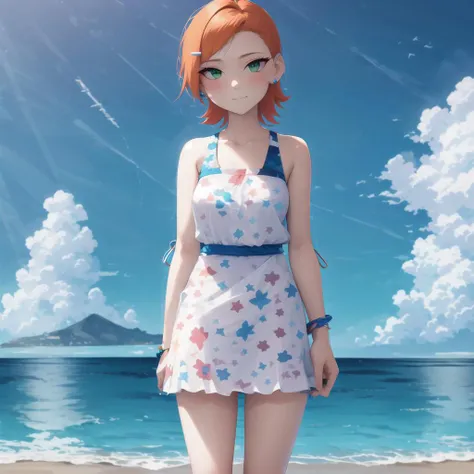 <lora:GwenV1:0.8>,Gwen, 1girl, solo, outdoors,green eyes, short hair, looking at viewer,, orange hair, hair ornament, sky, blush, cloud, ocean, hairclip, closed mouth, earrings, water, blue sky, jewelry, bangs, swept bangs, stud earrings,full body,