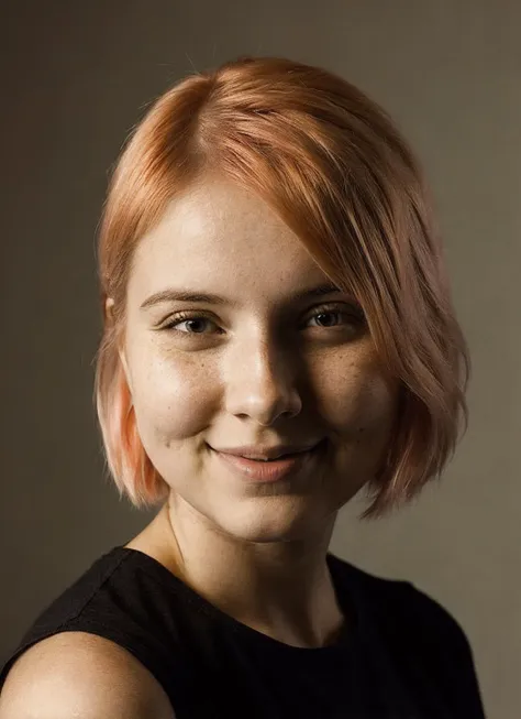 a close up of a woman with a pink hair and a black shirt