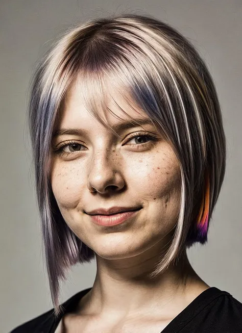 a close up of a woman with a short hair and a black shirt