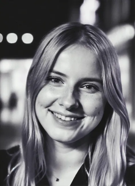 a close up of a woman with long hair smiling at the camera