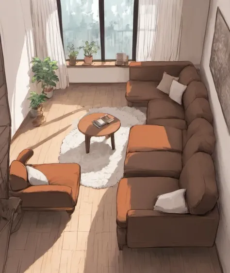 <lora:CSRfull:0.9> 2d anime hand-drawn digital sketch style,         girlish living room, small room, Two-person sofa, plan of a house, brown  sofa, white wall,