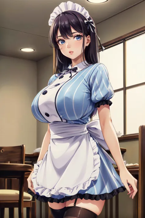 a woman in a maid outfit standing in a room