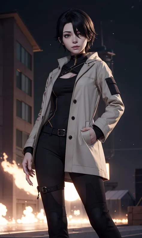 cinderfall2023, best quality, masterpiece, 1girl, anime style, grey coat, bandages, tactical clothes, warp bandages,