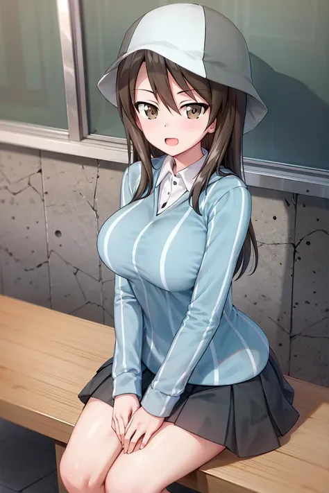 masterpiece, best quality,1girl, solo, girls und panzer, mika, brown eyes, bangs, blue shirt and headwear, tulip hat, keizoku school uniform, vertical-striped shirt, wing collar, white shirt, *//*,  grey skirt, classroom,sitting <lora:Mika:0.7>