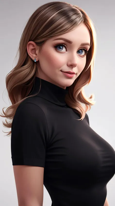 jul144nn as cartoon character, sfw, dressed, black top, turtleneck, curvy, upper body, intricate, sharp focus, soft lighting, vibrant colors, masterpiece, (frontal), detailed eyes, advertising studio lights, frontal led light ring, smooth shadows, bokeh ba...