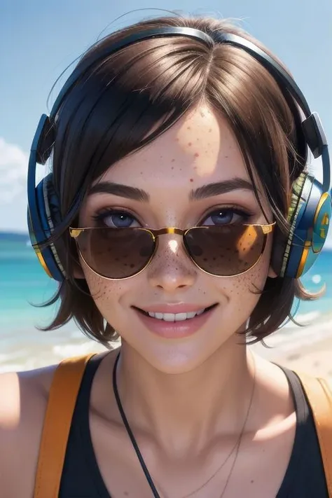 1girl, close up face, very messy short hair, freckles across bridge of nose and cheekbones, huge flirty smile, sunglasses with colored lenses, big chunky headphones