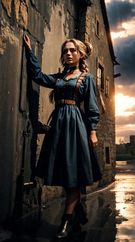 a woman in a blue dress leaning against a wall