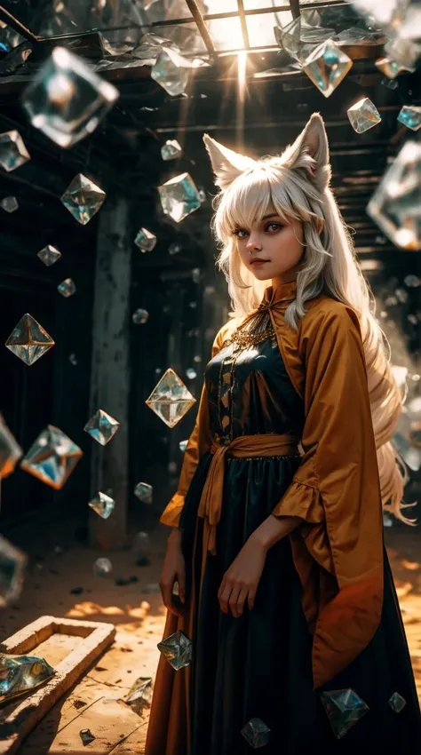 a woman in a cat costume standing in a room with lots of diamonds