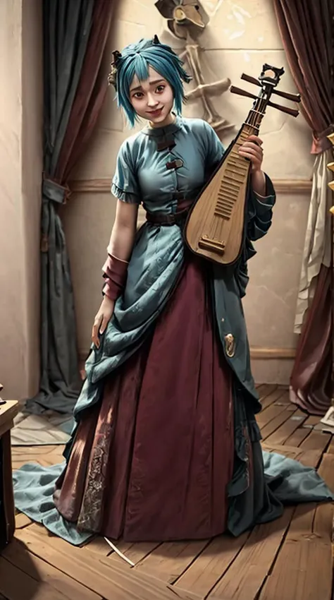 arafed woman in a blue dress holding a musical instrument