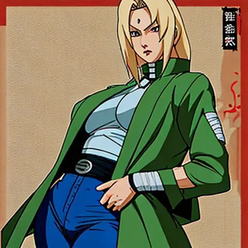 Tsunade, blonde hair, large breasts, mature female, blue pants, green coat, chest bandage