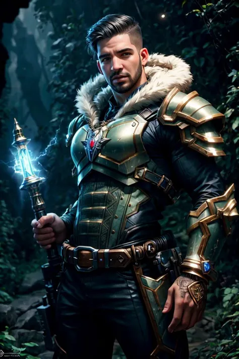 a man in armor holding a sword in a forest