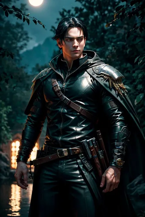 a man in a leather outfit standing in the woods