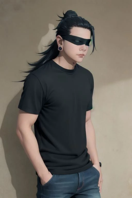 a man with a blindfold and a black shirt standing next to a wall