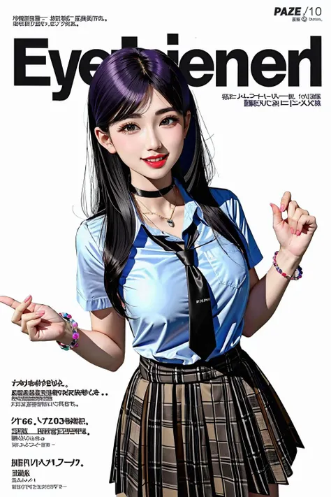 masterpiece, best quality, full body, 1girl, bangs, black choker, black necktie, black hair, blue skirt, blush, bracelet, breast...