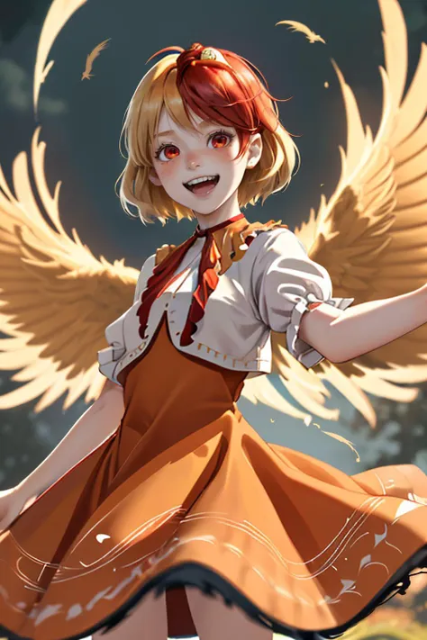 anime girl with angel wings in a dress and a red hair