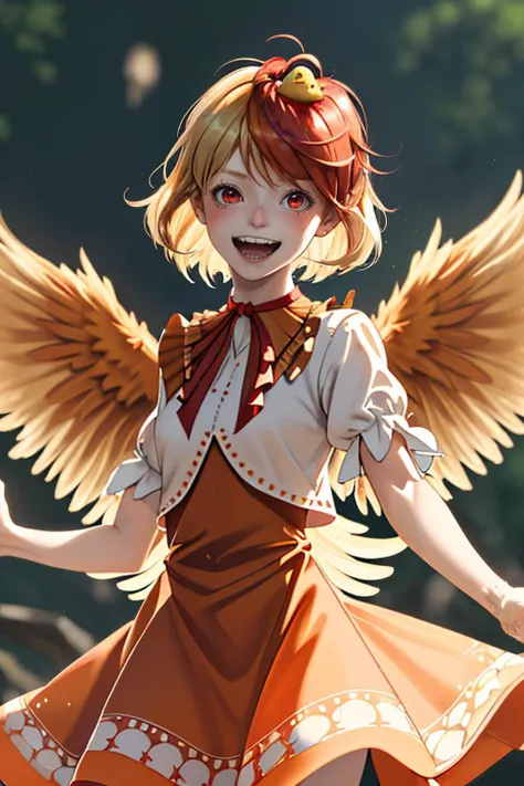 anime girl with wings in a dress and a bow