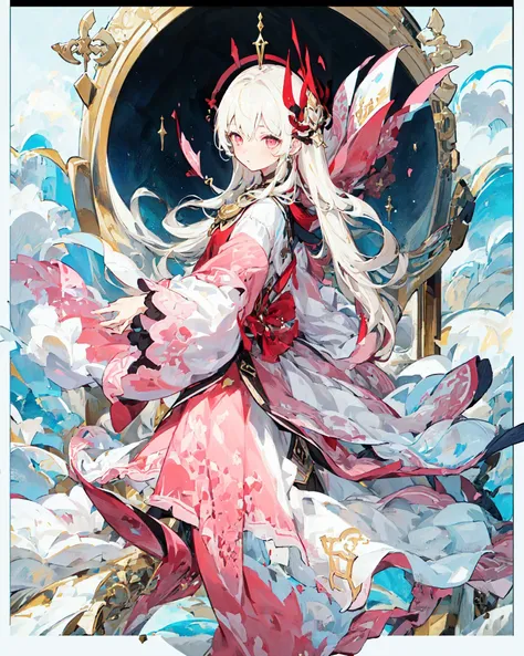 ((masterpiece)), ((high detail)), 1girl, ((ultra-detailed)),((delicate face)), Beautiful detailed eyes, (White blonde hair in gradations with red highlights,gradient hair),long hair, floating hair, ,hairs between eyes, GSHead,1girl ,solo,red eyes,genshi...