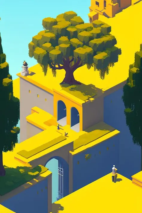 <lora:S1-Monument Valley_DreamLike-000008:0.45>, 
(by Phil Noto, by Pixar, by Cory Loftis, by Ed Mell, by Drew Struzan, by Alberto Morrocco),
player 1,Ida,player,Monument Valley,illustration,paradoxical geometry,
water,waterwheel,river,dome,dim blue dome,b...