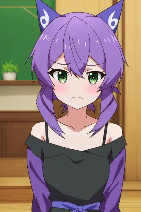 flatorte, anime_art_style, 1girl, solo, looking_at_viewer, bangs, hair_between_eyes, closed_mouth, green_eyes, upper_body, purple_hair, indoors, off_shoulder, blurry, frown, parody, blue_shirt