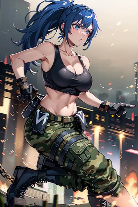 masterpiece, best_quality, photorealistic, unreal_engine,ultra_res,
1girl,<lora:leona_heidern_v10:0.6>
blue hair, blue eyes,
ponytail, tank top, camouflage pants, jewelry, boots, cleavage, camouflage, bare shoulders, large breasts, crop top, pouch, bangs, ...