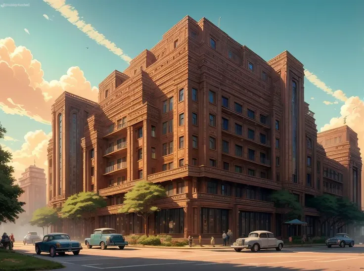 cars are parked in front of a large brick building on a street