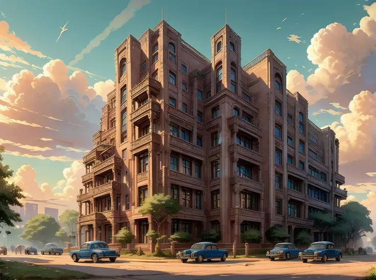 anime art of a building with cars parked in front of it