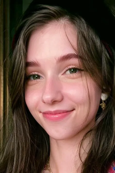 a close up of a woman with a hat and necklace smiling