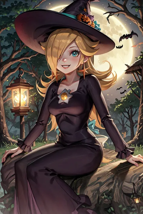 a woman in a witch costume sitting on a log in the woods