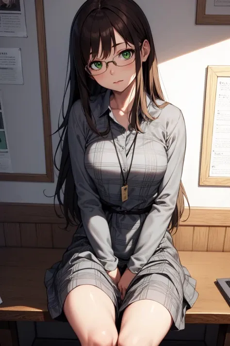 anime girl sitting on a bench with green eyes