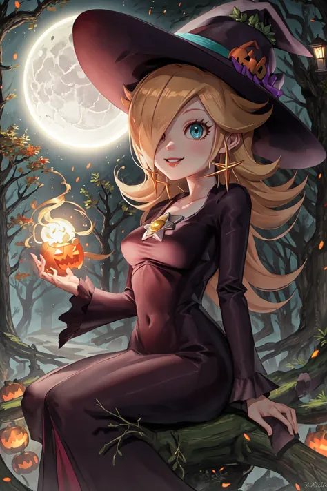 a woman in a witch costume sitting on a tree stump with a pumpkin