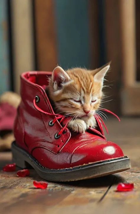 kitten sleeping in a shoe, masterpiece, 8k, high resolution, shallow depth of field, sharp focus, ruby slippers <lora:sd_xl_dpo_lora_v1:0.4> <lora:MJ52:.5>