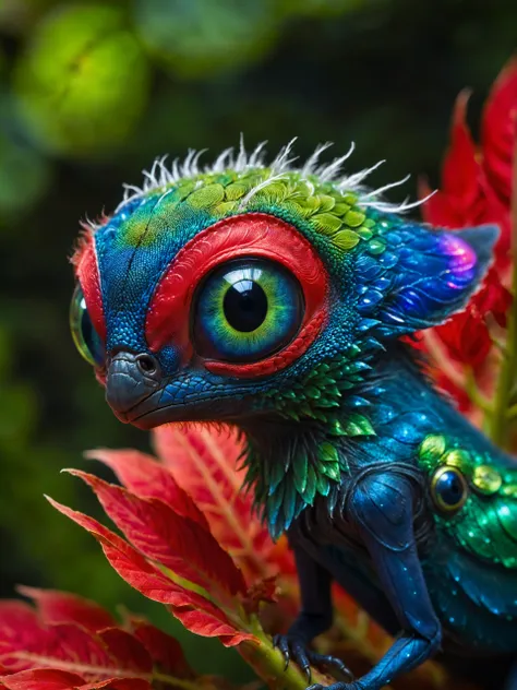 brightly colored bird with green eyes and red feathers on a plant