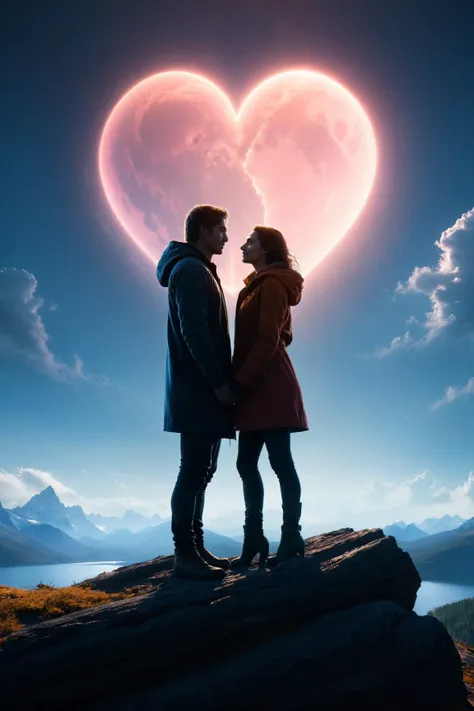 a man and woman standing on top of a mountain looking at a heart shaped cloud