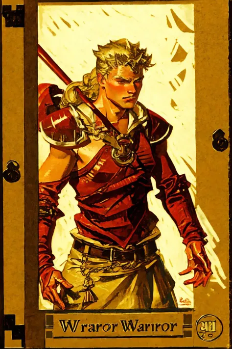 a close up of a card with a man holding a sword